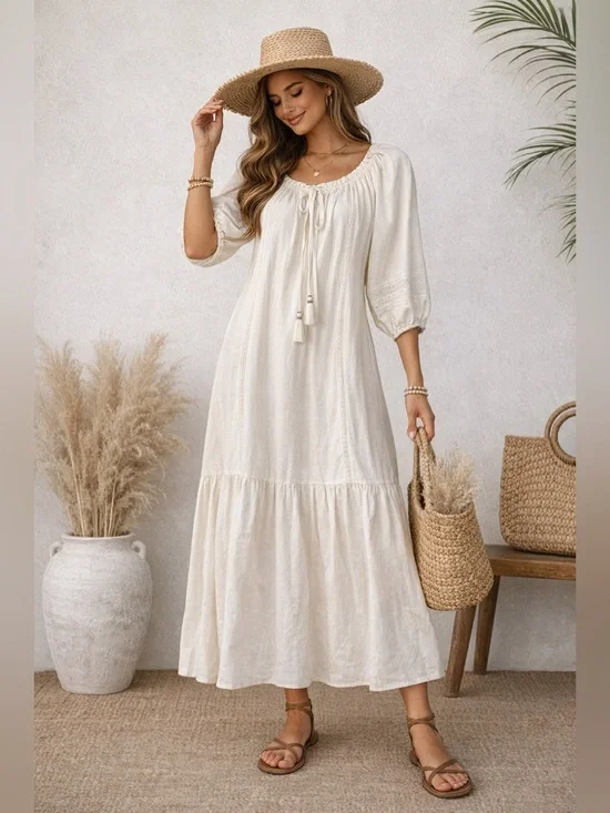 NWT A Loves A Cream Cotton Maxi Dress Boho Peasant Tiered Lace Trim 100% Cotton - Picture 1 of 9